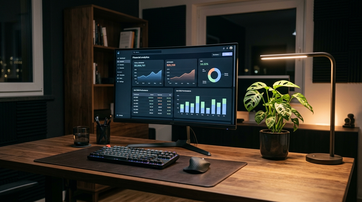Executive workstation displaying net revenue growth analytics